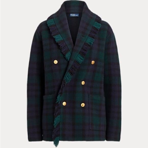 Polo Ralph Lauren Fringed Black Watch Tartan Plaid Double-Breasted Wool Cardigan - Picture 7 of 16